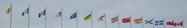 Les drapeaux des trois territoires, des dix provinces et du Canada (de gauche à droite) (près du Musée canadien de la Guerre)